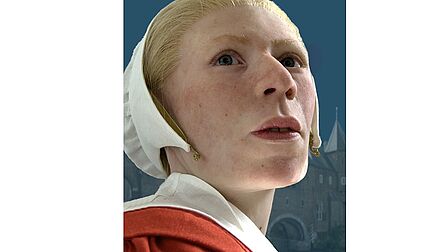 Aagje, de reconstructie van het gezicht van een jonge vrouw met een hoofdkapje en oorijzer.