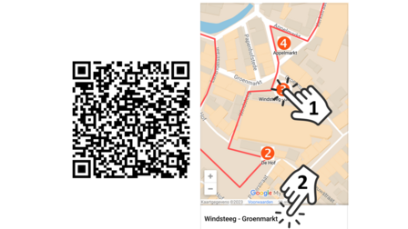 QR-code voor de Google kaart van de stadswandeling in Amersfoort, met rechts daarvan een voorbeeld van locaties op de kaart.