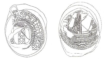 Tekening van een stuk lood met aan de ene zijde het stadswapen van Amsterdam en aan de andere zijde de afbeelding van een schip.